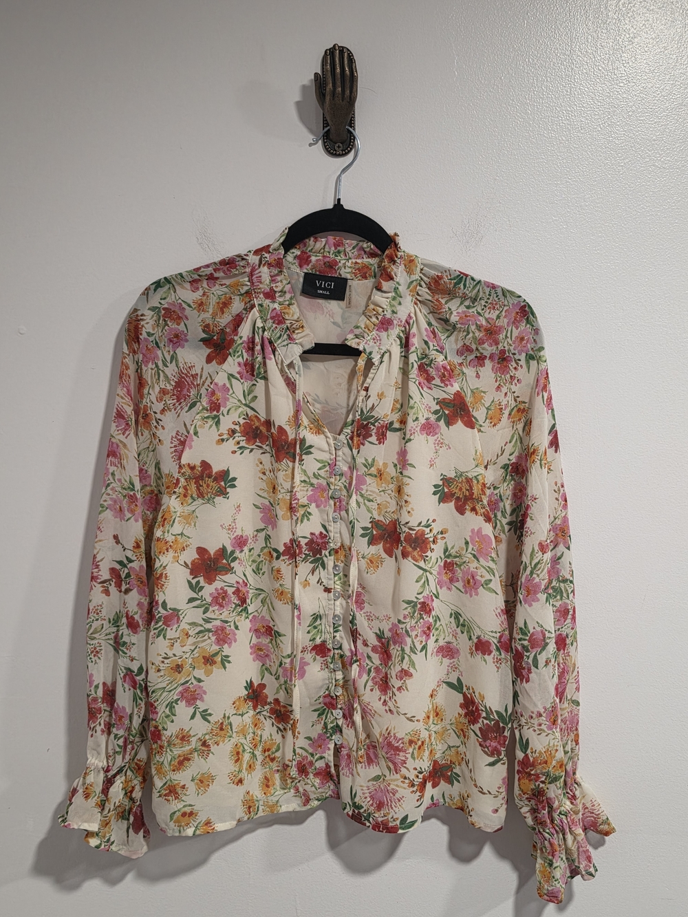 VICI Cream Floral Long-Sleeve Sheer Tie-Neck Button Up Blouse Women's Size Small